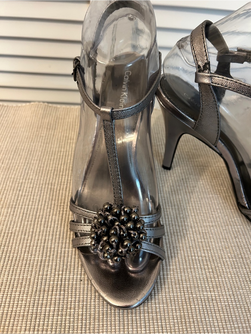 Calvin Klein Metallic Pewter T-Strap Heels with Clustered Bead Accent